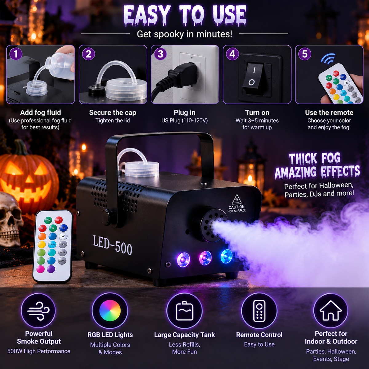 Halloween RGB Fog Machine 500W with Remote Control