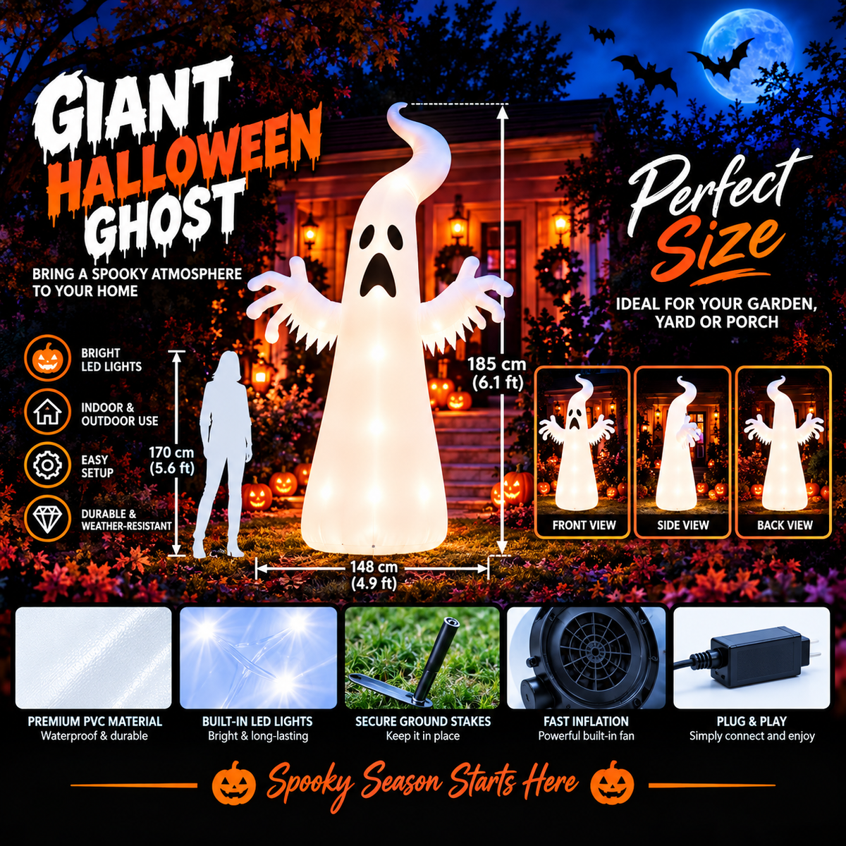 6.1FT Inflatable Halloween Ghost with LED Lights