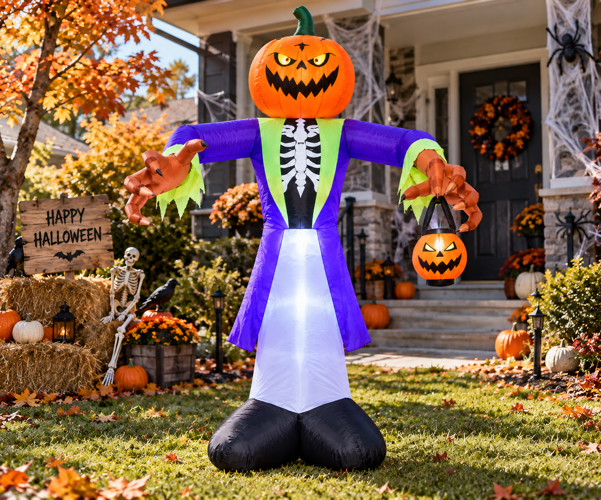 8FT Halloween Inflatable Pumpkin Zombie With Lantern And 7 LED Lights