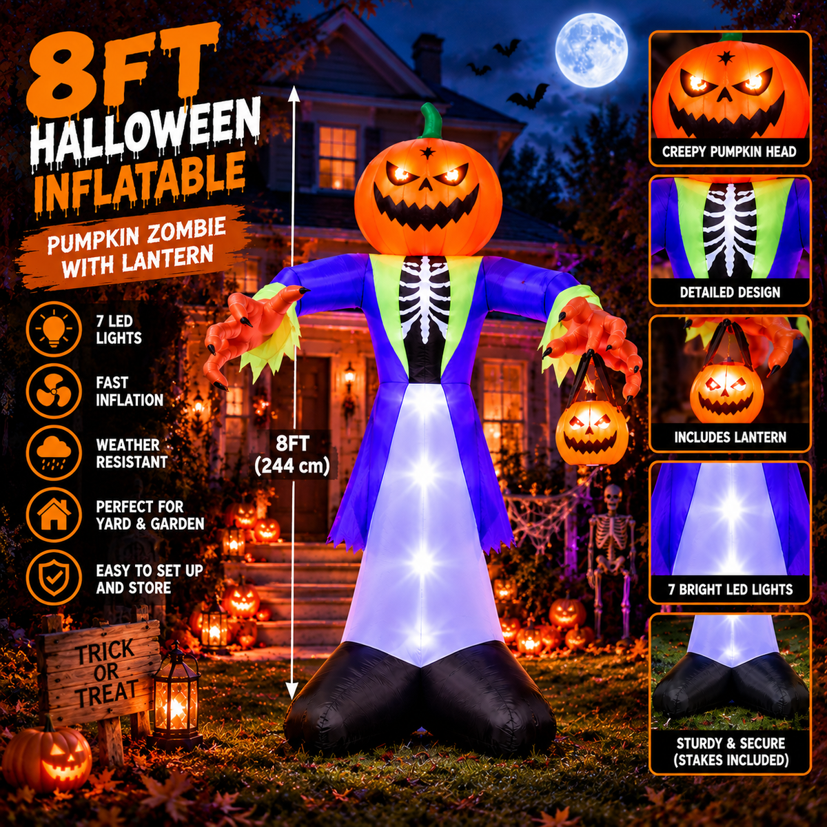 8FT Halloween Inflatable Pumpkin Zombie With Lantern And 7 LED Lights