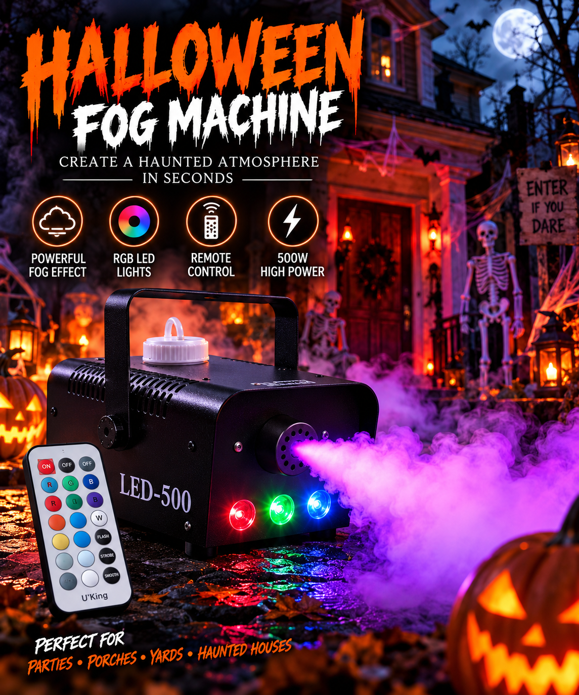 Halloween RGB Fog Machine 500W with Remote Control
