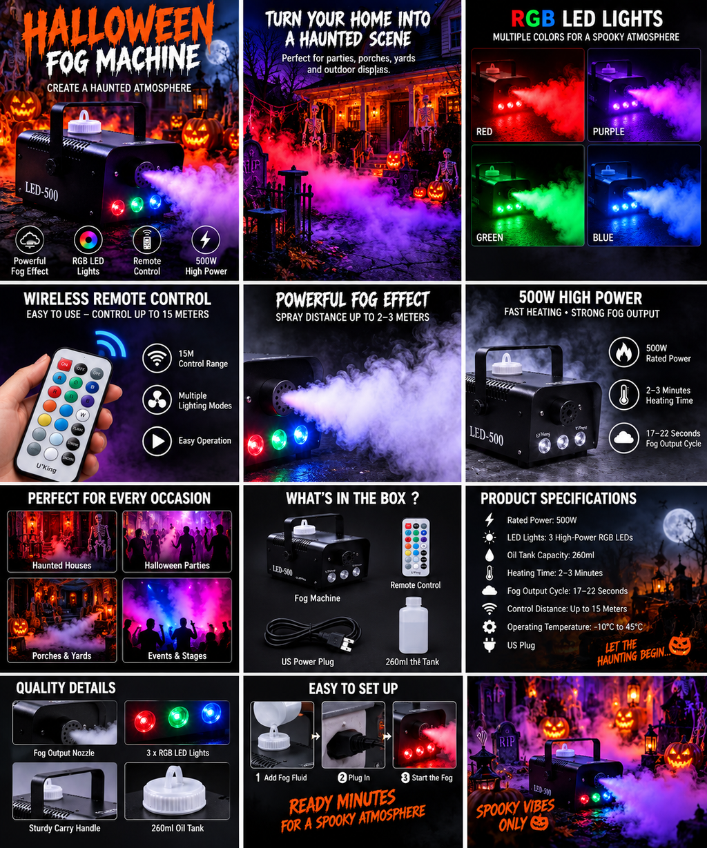 Halloween RGB Fog Machine 500W with Remote Control